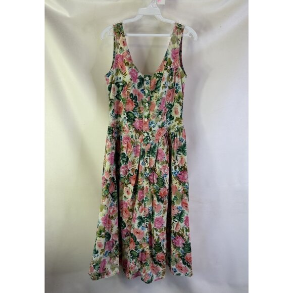 Vintage 80s Country Floral Button Front Bow Tea Dress Cottagecore - Picture 1 of 7